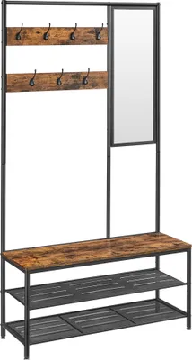 Produktbild von VASAGLE Kleiderständer, Garderobe, Garderobenständer mit Haken, Spiegel, Sitzbank, 35 x 98 x 180 cm, für Eingangsbereich, Schlafzimmer, Wohnzimmer, Industrie-Design, vintagebraun- schwarz HSR415B01