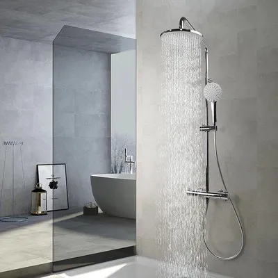 Produktbild von Famanu Duschsystem mit Thermostat, Regendusche und Handbrause - Chrom