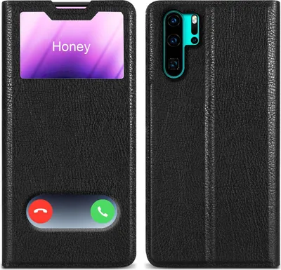 A black leather flip case for a Huawei P30 Pro phone, shown from the front and back.