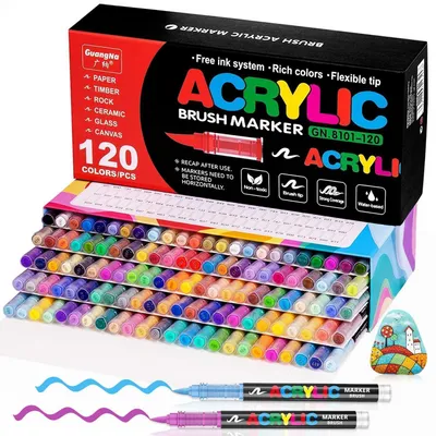 Produktbild von Acrylstifte Set 120 Farben wasserfest Pinselspitze 1-6 mm für Steine Glas Holz Keramik Metall Leinwand