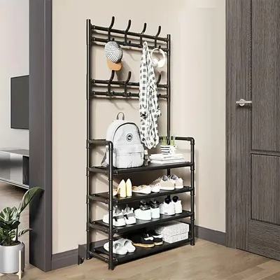 Produktbild von Sechsstöckiges Schuhregal, multifunktional freistehend mit Garderobe und Hutablage für den Eingang