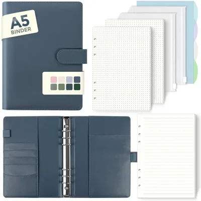 Produktbild von A5 Ringbuch Nachfüllbar mit 135 Blättern, Notizbuch mit Bindertaschen, Blau