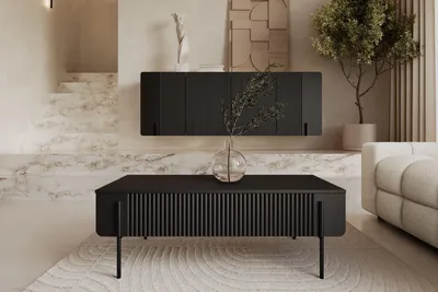 Zdjęcie produktu dla Stolik kawowy czarny mat czarne nóżki z szufladami 100 cm Malmi elegancki