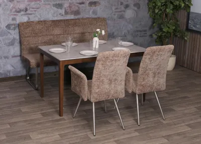 Obrázek produktu pro Jídelní set HWC-G55, sada 2 židlí s područkami + lavice 160 cm, broušená nerezová ocel látka/textilní žinylka  hnědá