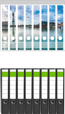 Produktbild von Wallario 8 Stück schmale Ordner inkl. Klebeetiketten mit Motive Panorama des Hafens von Barcelona -  Set mit Rückenschildern / Ordnerrücken Stickern