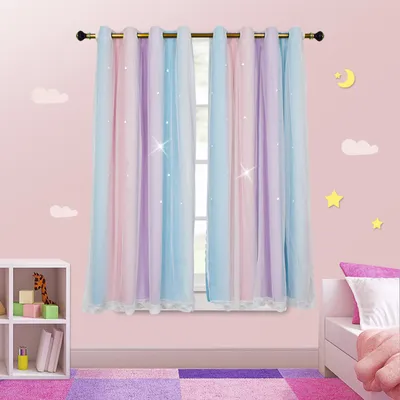 A child's bedroom with pastel-colored curtains hanging in a window, a shelf with toys, and a bed on the right.