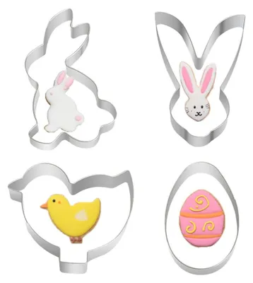 Produktbild von 4-teiliges Oster-Ausstechformen-Set – Hase, Küken, Ei, Hasenkopf, Oster-Ausstechformen-Set aus Edelstahl zum Backen von Keksen, Kuchen und Desserts.