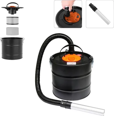 A product shot of a vacuum cleaner designed for ash and soot, with various components shown.