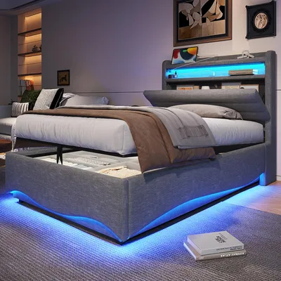 Produktbild von Flieks Hydraulisches Polsterbett 90x200cm mit USB und Type-c, Boxspringbett Einzelbett mit Led, Jugendbett Stauraumbett Leinen, Grau