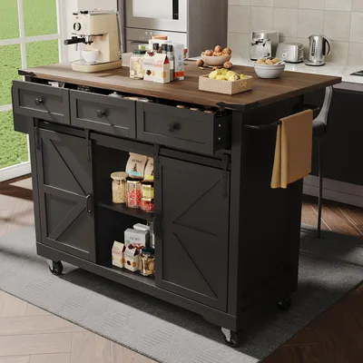 Immagine prodotto di OKWISH Isola da cucina con piano di lavoro estraibile, mobile da cucina con 2 ante scorrevoli, credenza con 3 cassetti, credenza da cucina su rotelle, nero