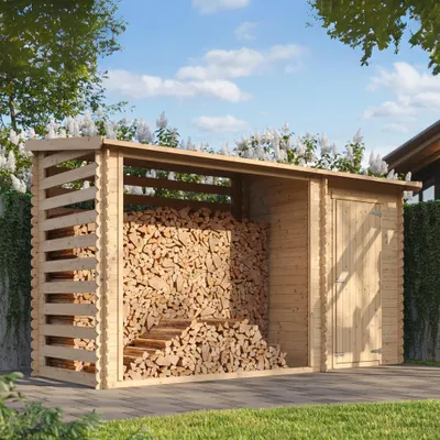 Obrázek produktu pro TIMBELA M205 - Dřevěný zahradní domek s policí na palivové dříví - Š344xD146xV199 cm/ 3,64 m2