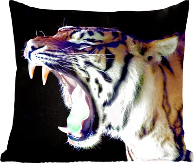 Produktbild von MuchoWow® Zierkissen Sofakissen Wohnzimmer Dekokissen 50x50 cm Tiger - Zähne - Porträt - Komfort - Sofakissen
