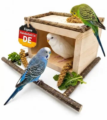 Produktbild von Vogelhäuschen mit Anflugstange, KI-generiertes Bild