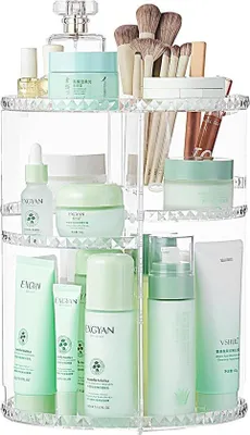 Image de Organiseur de maquillage en acrylique avec fonction rotative à 360 degrés, grand format, pour coiffeuse, salle de bains et chambre à coucher