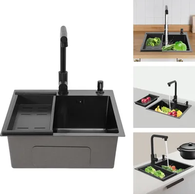 Produktbild von Küchenspüle 50 x 45 cm - Unterbau Spülbecken ein Becken - Schwarz Edelstahl - Mit ausziehbarer 360° Armatur - Inkl. Abflusskorb und Seifenspender