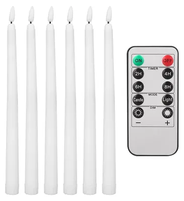 Produktbild von 6er Set LED-Stabkerzen, flammenlos, mit Timer und Fernbedienung, flackerndes 3D-Wachsdesign, für Hochzeit und Weihnachten - Weiß