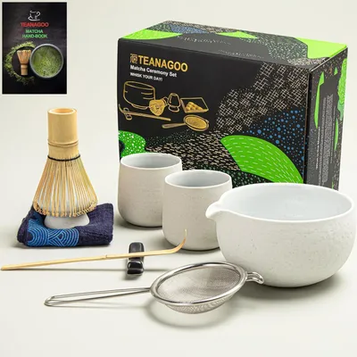 Produktbild von Matcha Tee Set 9-teilig mit Schale und 2 Tassen, Bambus & Keramik, Hellgrau