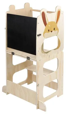 Produktbild von Lernturm für Kinder - Montessori Küchenhelfer - Höhenverstellbarer Tritthocker aus Holz - Mit Tafel - Ab 1 Jahr - Kaninchen Motiv