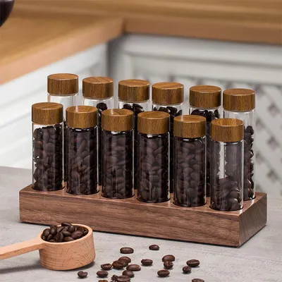 Image de 12pcs Single Dose Coffee Bean Storage Tubes Borosilicate Glass Coffee Bean Cellar Container with Lids Wooden Display Stand and Funnel for Countertop (Tubes de stockage de grains de café à dose unique en verre borosilicaté avec couvercles, présentoir en bois et entonnoir pour comptoir)