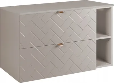 A beige matte cabinet with two drawers and an open shelf on the right side.