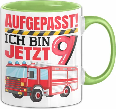 Produktbild von 9. Geburtstag Geschenk Tasse Becher Jungs Feuerwehr Aufgepasst Ich Bin Jetzt 9 (Grün)
