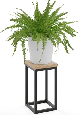 Produktbild von LAMO Manufaktur Blumenständer Metall Schwarz | Pflanzenständer Holz mit Natur Farbe | Blumenhocker klein 30 cm für große Zimmerpflanzen | 100% Echtholz | Sockel für Skulpturen