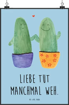 Produktbild von Mr. & Mrs. Panda Bild Kaktus Liebe DIN A2 - Blau Pastell - Geschenk, Trennung, drucke, Love, Kakteen, Liebesbotschaft, wanddeko, Kunstdruck, Hochzeit, Pärchen, Wandbild