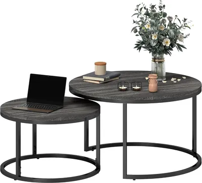 Image de Ensemble de tables rondes - Table d'appoint - Table basse - Table de chevet - Table de salon - Structure en métal noir