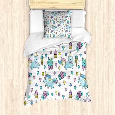 Produktbild von ABAKUHAUS Einhorn-Katze Mantele, Herz-Stern-Blumen, Milbensicher Allergiker geeignet mit Kissenbezügen, 135 cm x 200 cm - 80 x 80 cm, Blassblau Lavendel