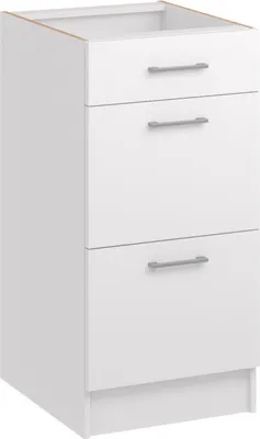 A white kitchen base cabinet with three drawers.