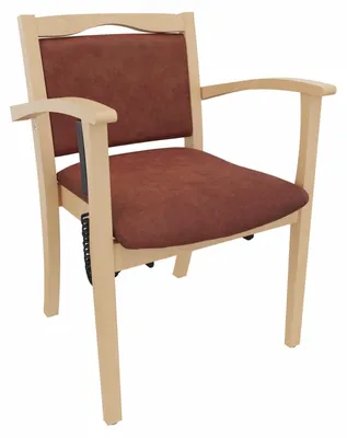 Produktbild von Seniorenstuhl Alexander mit Aufstehhilfe – Pflegestuhl mit Aufstehhilfe und Armlehnen – 47cm Sitzhöhe.Stoffbezug:Clean-Stoff Como Braun,Bodengleiter:Kunststoff Weiss
