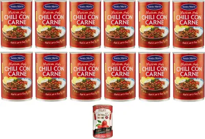 Produktbild von 12x Santa Maria, Chili con Carne, leicht scharfes Gericht der Tex-Mex-Küche, zum Füllen von Tacos oder zum Servieren mit Tortillachips, 410 g Dose + Italian Gourmet pelati 400gr