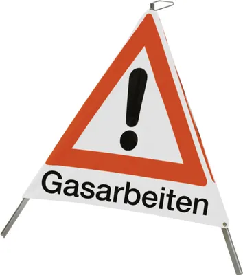 Produktbild von Faltsignal mit Symbol Gefahrenstelle und Text "Gasarbeiten", 700 mm Seitenlänge