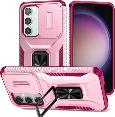 Produktbild von Handyhülle für Samsung Galaxy S23 FE Dual Layer Hülle mit Schiebe Kamera Schutz und Ringhalter Ständer Rosa