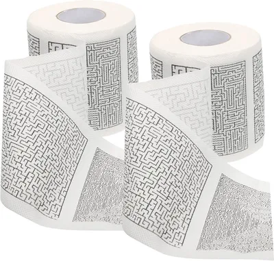 Produktbild von 2 Rollen Toilettenpapier mit aufgedrucktem Labyrinthmuster, weich und dick für den Gebrauch zu Hause und in öffentlichen Einrichtungen