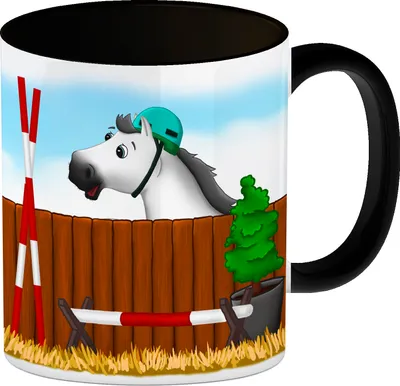 Produktbild von Kaffeebecher Henkel und Innenseite Schwarz mit weißes Pferd Motiv