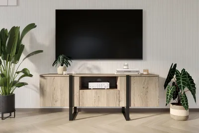 Zdjęcie produktu dla Szafka RTV z wnęką i szufladą 150 cm dąb biszkoptowy czarne nóżki Verica