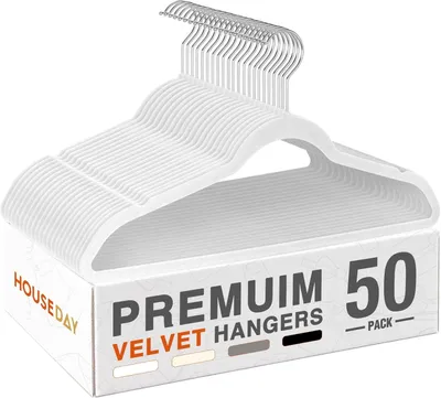 Zdjęcie produktu dla Wieszaki na ubrania welur 50 sztuk, białe, antypoślizgowe, obrotowy hak 360 stopni, do koszul
