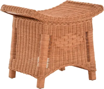 Produktbild von KRINES HOME Fußhocker mit geschwungener Ablage, Stabiler Sitzhocker / Schemel / Hocker aus echtem Rattan (Terracotta)