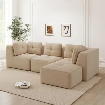 Produktbild von Cordstoff-L-förmiges Ecksofa mit Ottoman, rahmenlos, modulares Sofa, 297 x 177 x 69 cm, Beige