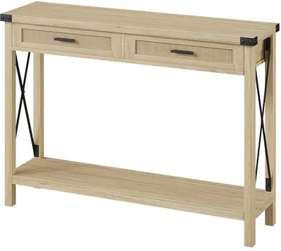 Productafbeelding van Smalle console tafel met 2 niveaus – met rieten lades – in landelijke stijl – naturel/bruin