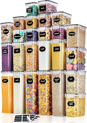 Obrázok produktu pre Plastové kuchynské nádoby s viečkom, ideálne na cereálie, múku, kávové zrná, kukuričné vločky, špagety, sada 25 ks