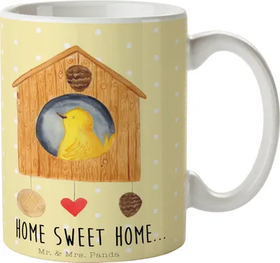 Produktbild von Mr. & Mrs. Panda Kaffeebecher Vogelhaus Home - Gelb Pastell - Geschenk, Hausbau, cappuccinotasse, Haus, Einzug, Tasse, Teetasse, Kaffeetasse, Lustige Sprüche, Pott, Vogel