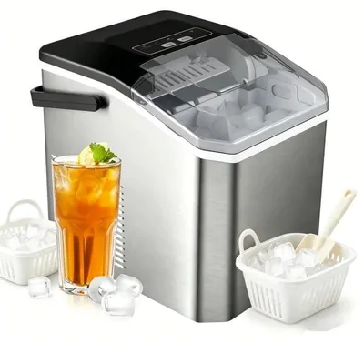Immagine prodotto di Macchina automatica per la produzione di ghiaccio, da tavolo, capacità 1,3 litri, 220 V. Ideale per la casa, il bar e l'ufficio. Produce cubetti di ghiaccio compatti