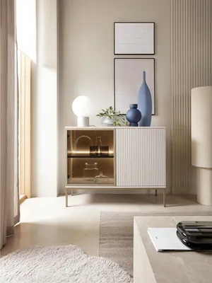Produktbild von 2-türig Kommode Sky Anrichte mit gefräste Fronten Schrank mit Regalen und Glastür modern Sideboard mit LED-Beleuchtung, Farbe: Kaschmir, Hellgold