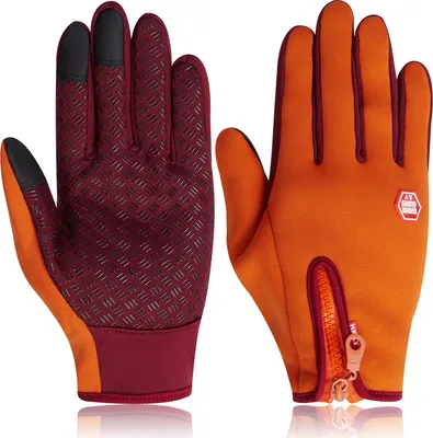 Immagine prodotto di Guanti invernali caldi con cerniera, guanti invernali impermeabili antivento antiscivolo guanti da ciclismo per uomini donne, arancione, M