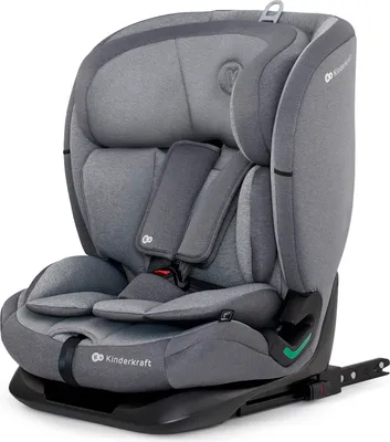 A gray child car seat is shown from a front-side angle against a white background.