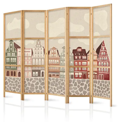 Immagine prodotto di Pannello divisorio giapponese, 5 ante, pieghevole, realizzato in tessuto non tessuto di alta qualità, con motivi colorati, ideale per il soggiorno, dimensioni 225 cm x 172 cm