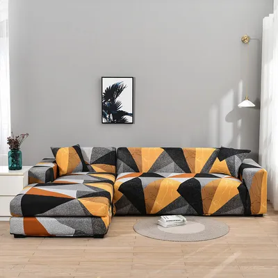 Produktbild von Schnittcouchbezug, L-förmiger Sofabezug, Sitzbezüge aus weichem Polyestergewebe mit 4 Kissenbezügen,Farbblockgeometrie