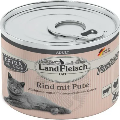 Produktbild von Landfleisch Cat Adult Pastete Rind Mit Pute, Adult, jede Rasse, Rind, Türkei, 195 g, Ohne Soja, Ohne künstliche Farbstoffe